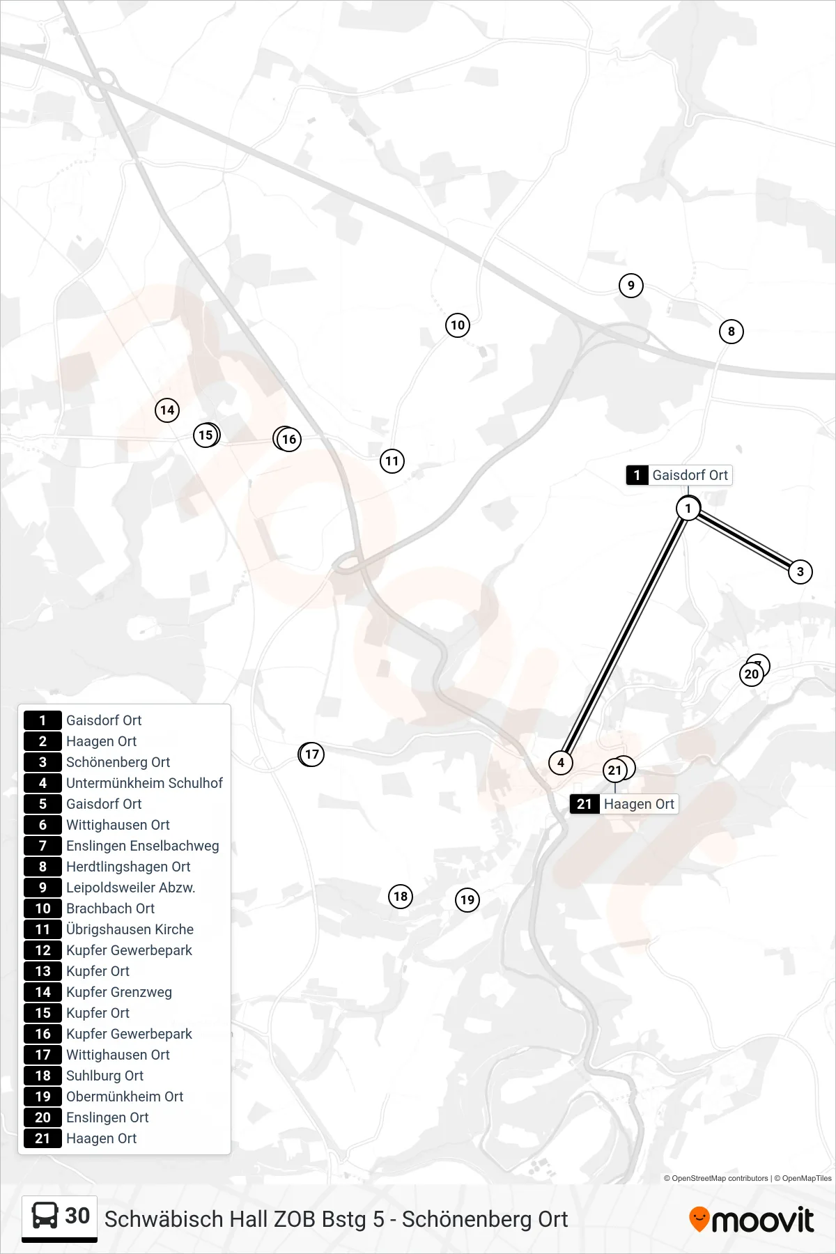 30 bus Line (Untermünkheim Schulhof) route and stops on a map