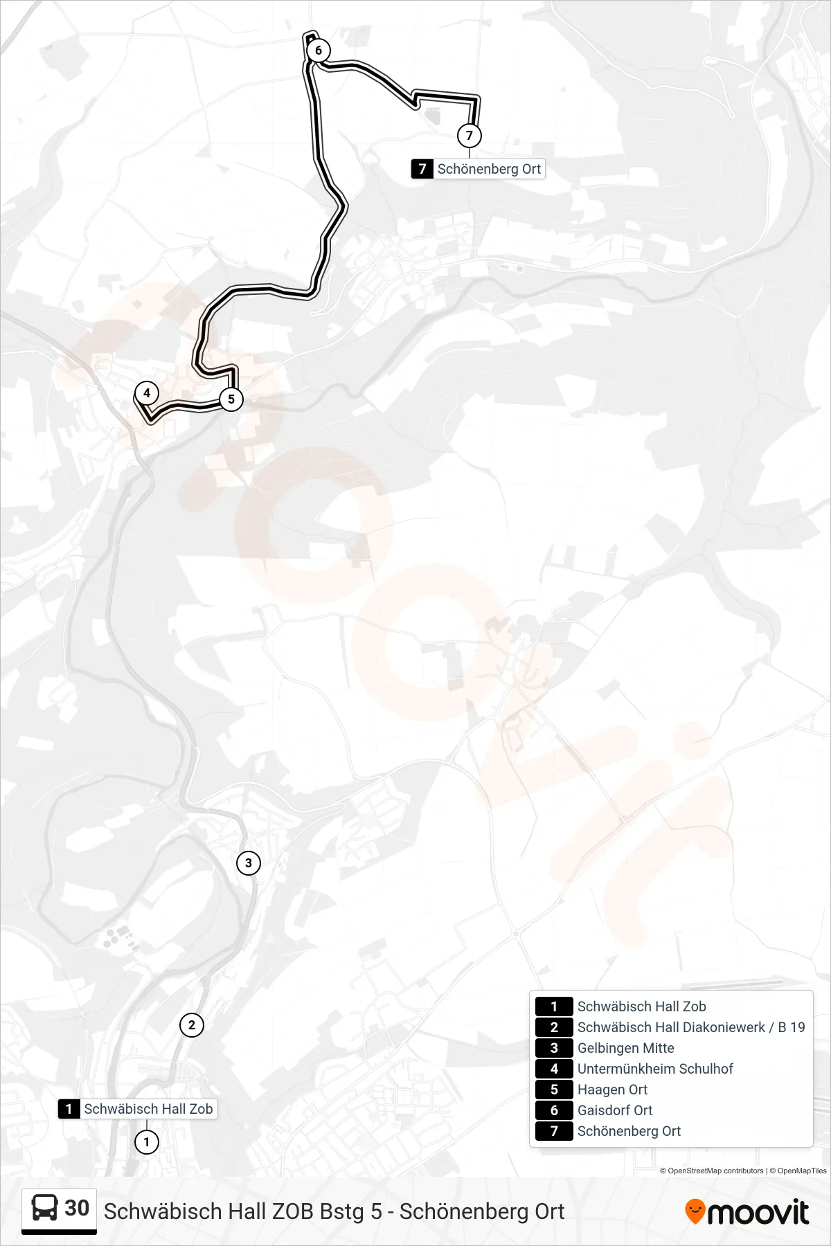 30 bus Line (Schönenberg Ort) route and stops on a map