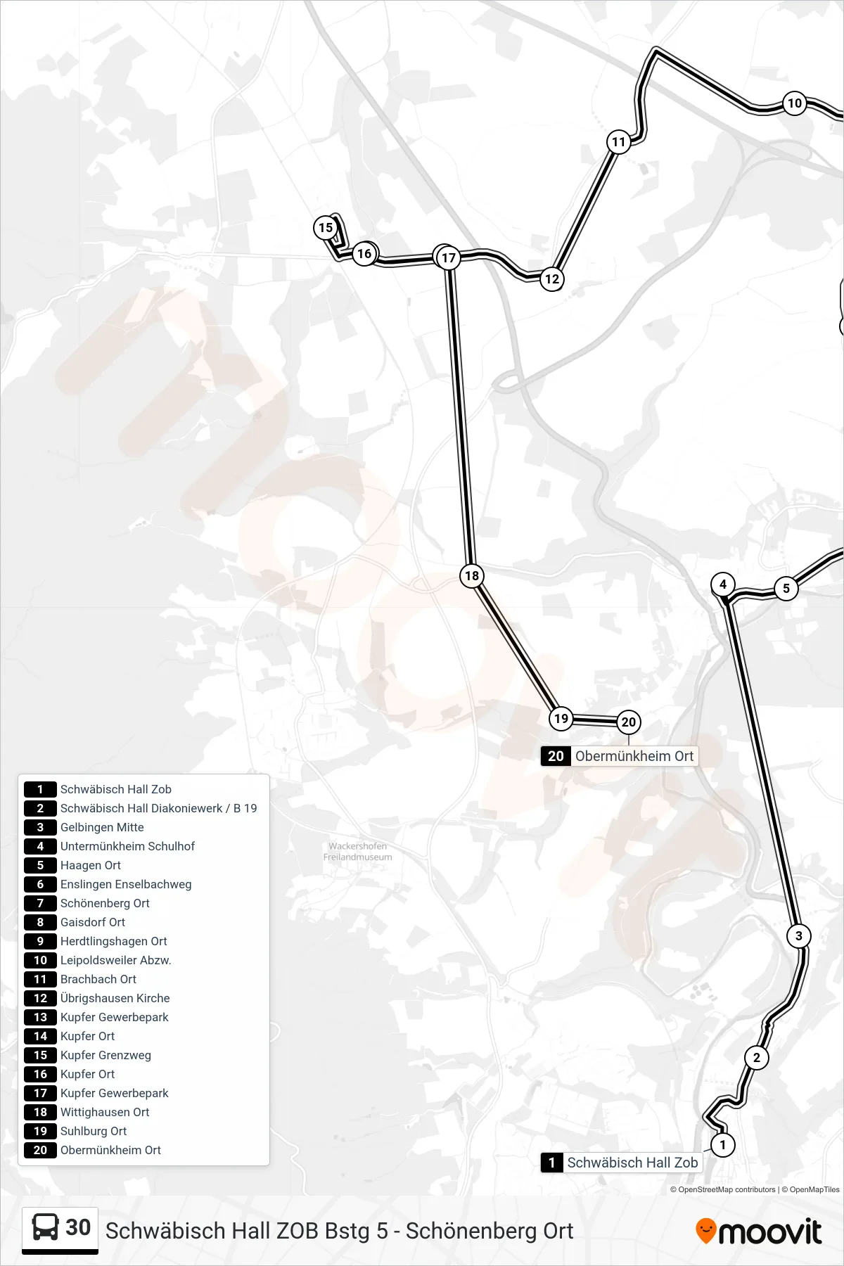 30 bus Line (Obermünkheim Ort) route and stops on a map