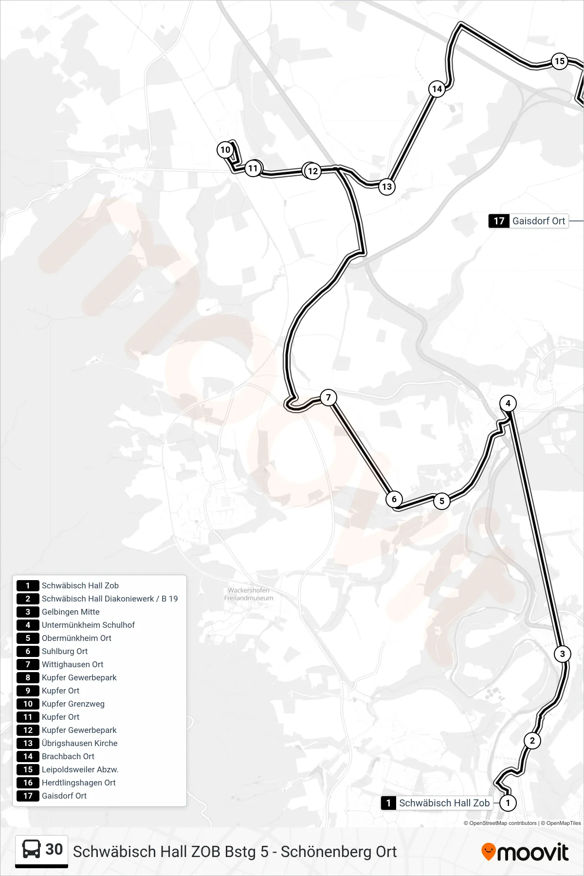 30 bus Line (Gaisdorf Ort) route and stops on a map