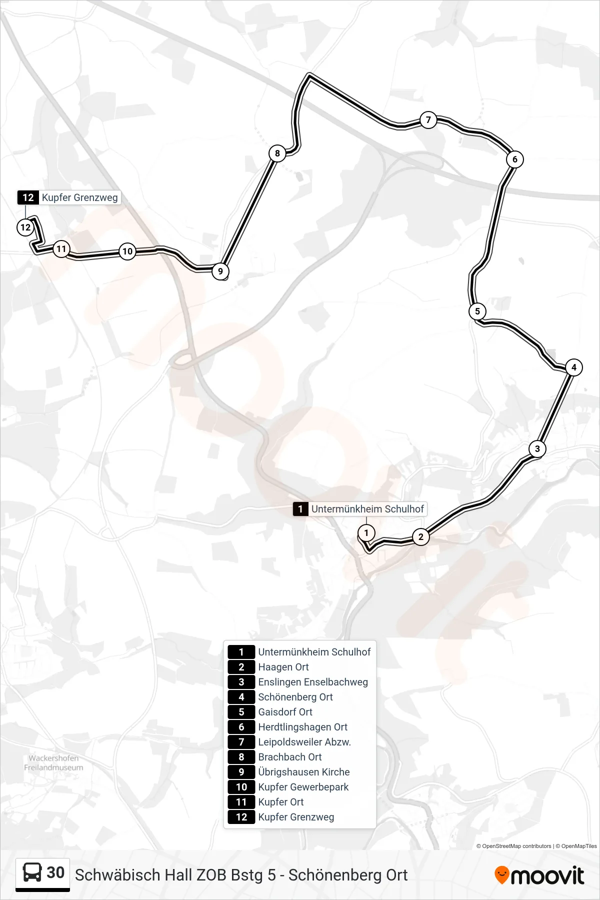 30 bus Line (Kupfer Grenzweg) route and stops on a map