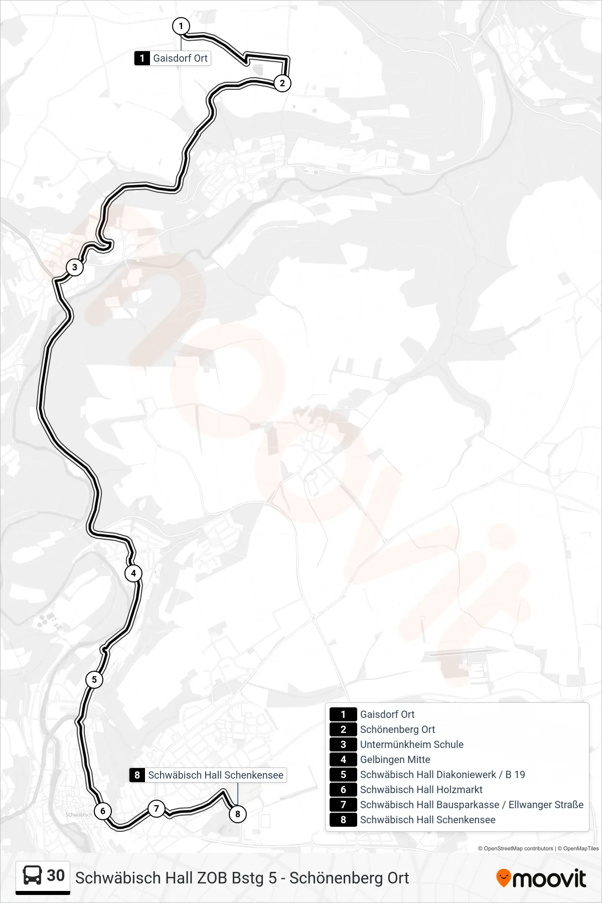 30 bus Line (Schwäbisch Hall Schenkensee) route and stops on a map