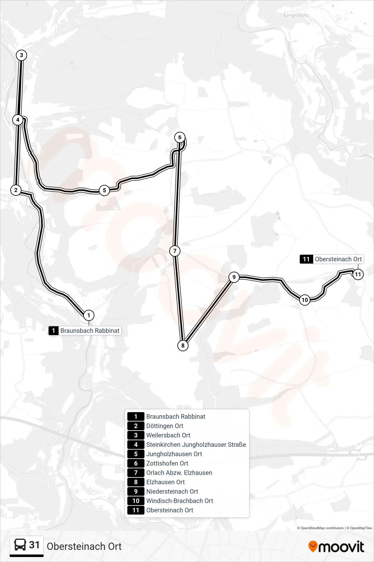 31 bus Line (Obersteinach Ort) route and stops on a map