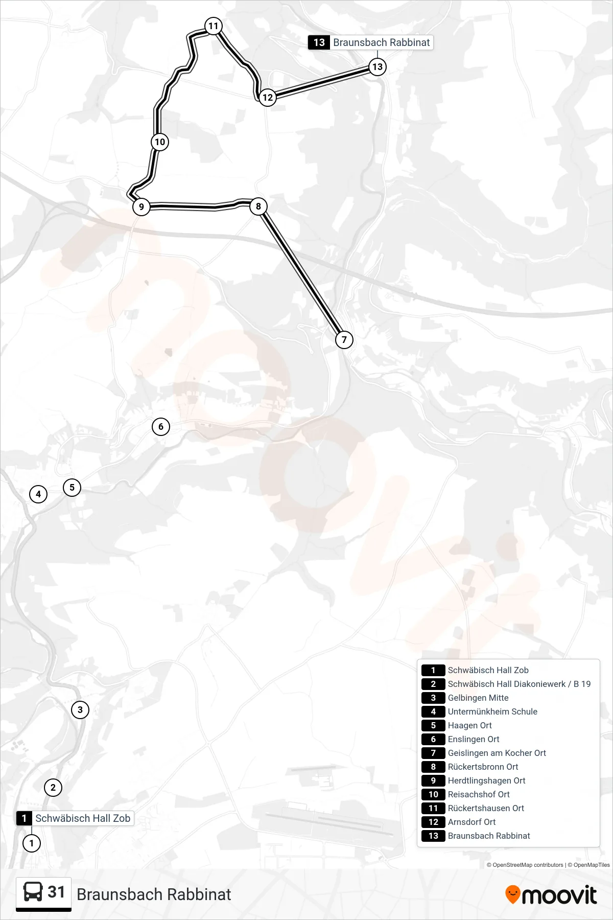31 bus Line (Braunsbach Rabbinat) route and stops on a map