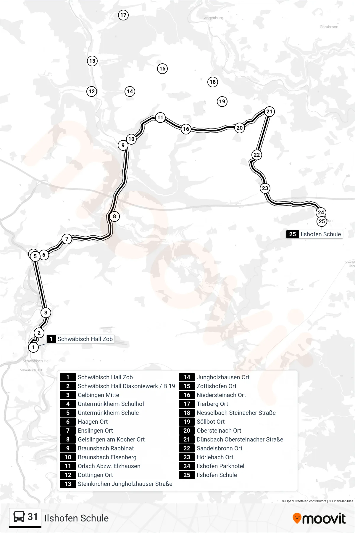 31 bus Line (Ilshofen Schule) route and stops on a map