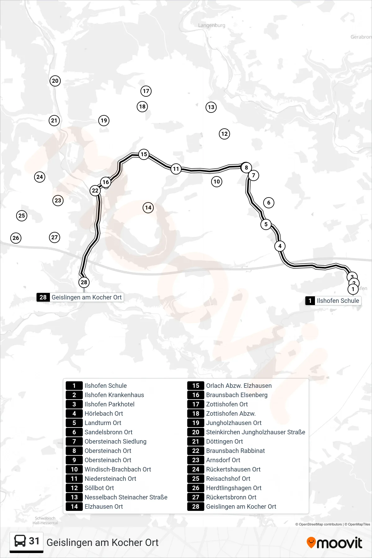 31 bus Line (Geislingen am Kocher Ort) route and stops on a map