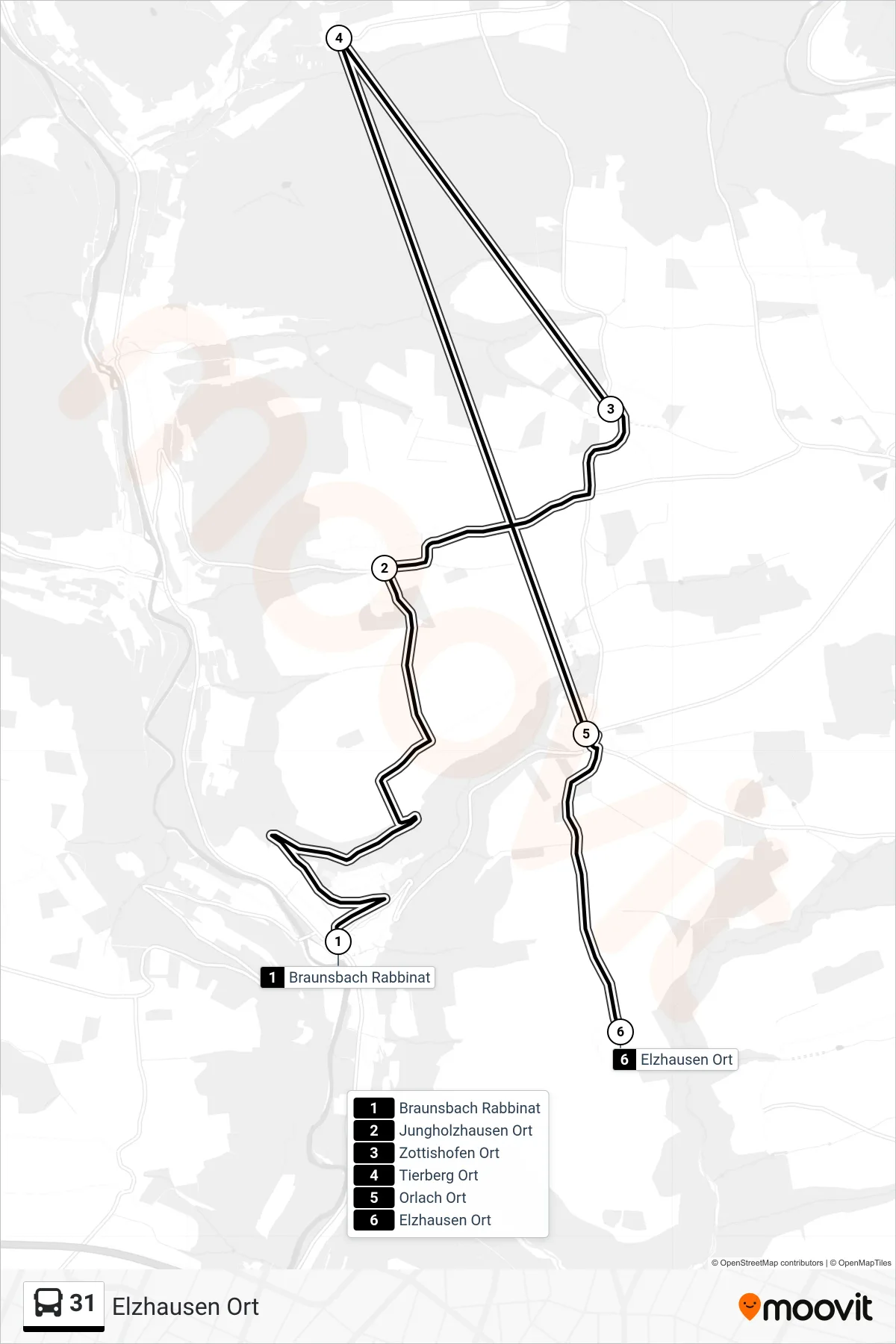 31 bus Line (Elzhausen Ort) route and stops on a map