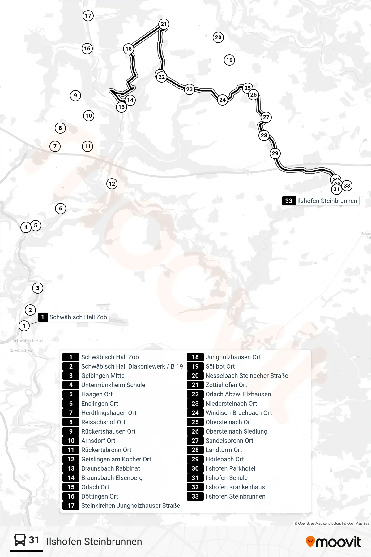31 bus Line (Ilshofen Steinbrunnen) route and stops on a map