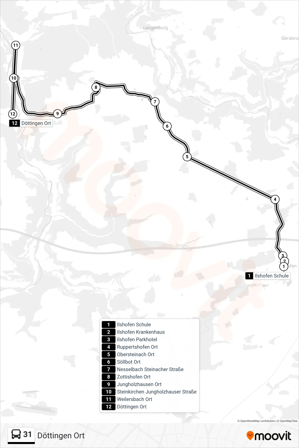 Linie 31 (Bus) Richtung Döttingen Ort: Route und Haltestellen auf der Karte
