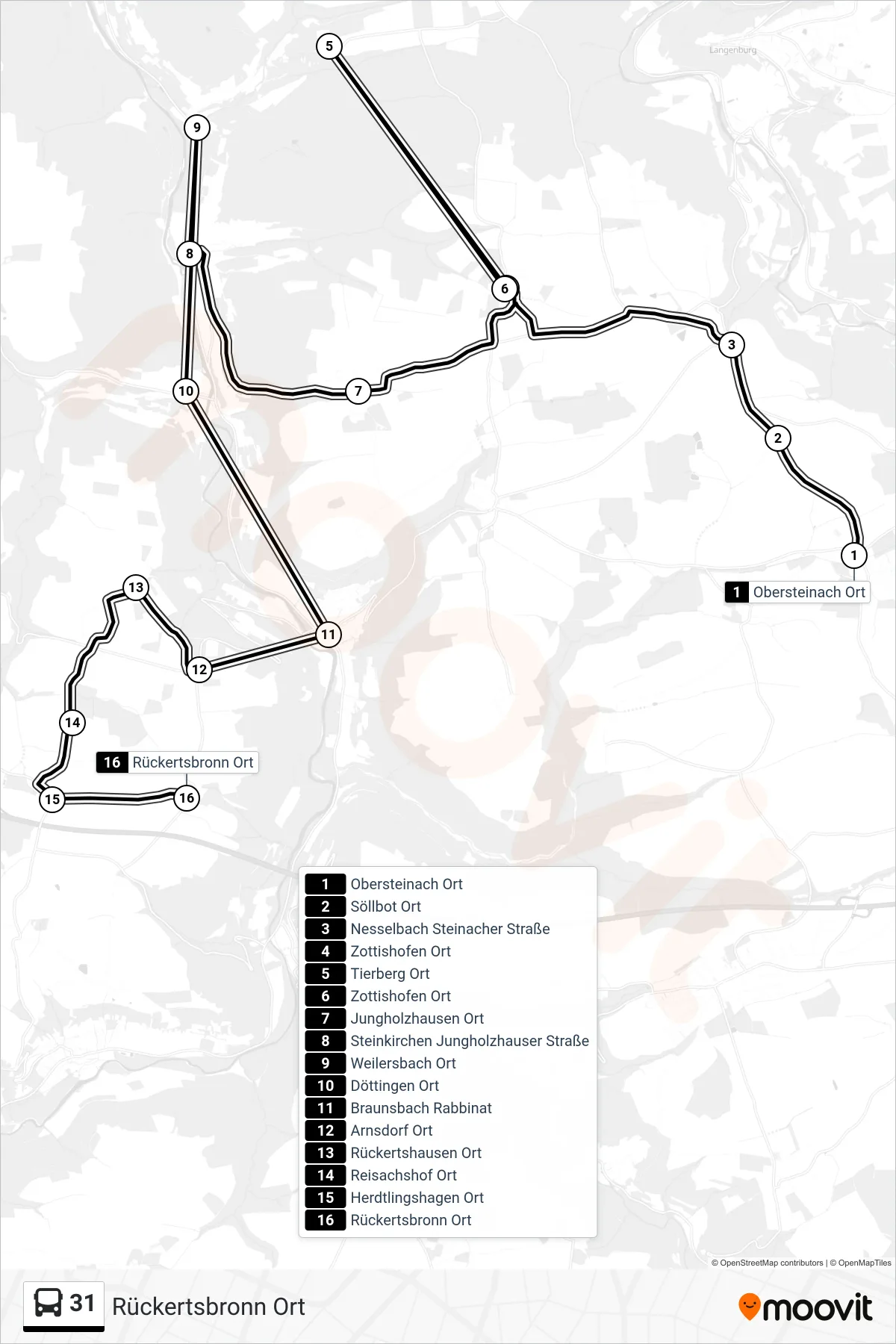 31 bus Line (Rückertsbronn Ort) route and stops on a map