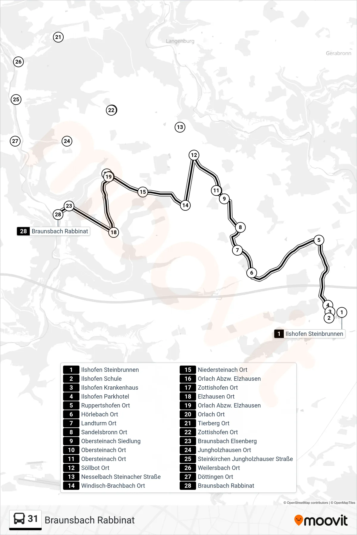 31 bus Line (Braunsbach Rabbinat) route and stops on a map