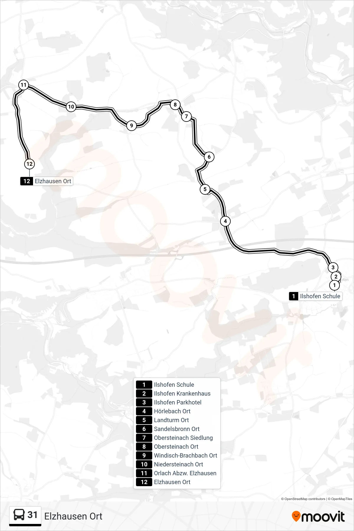 31 bus Line (Elzhausen Ort) route and stops on a map