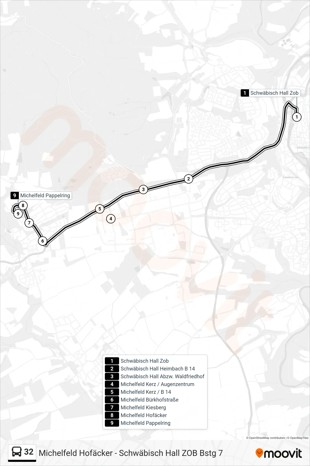 32 bus Line (Michelfeld Pappelring) route and stops on a map