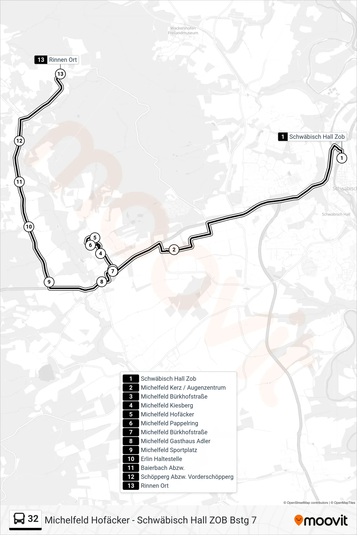 32 bus Line (Rinnen Ort) route and stops on a map