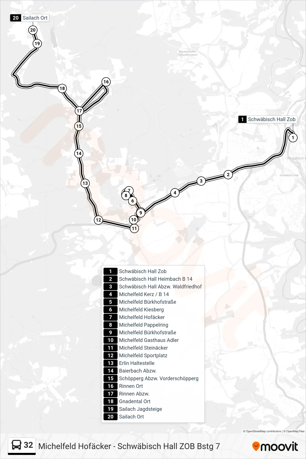 32 bus Line (Sailach Ort) route and stops on a map
