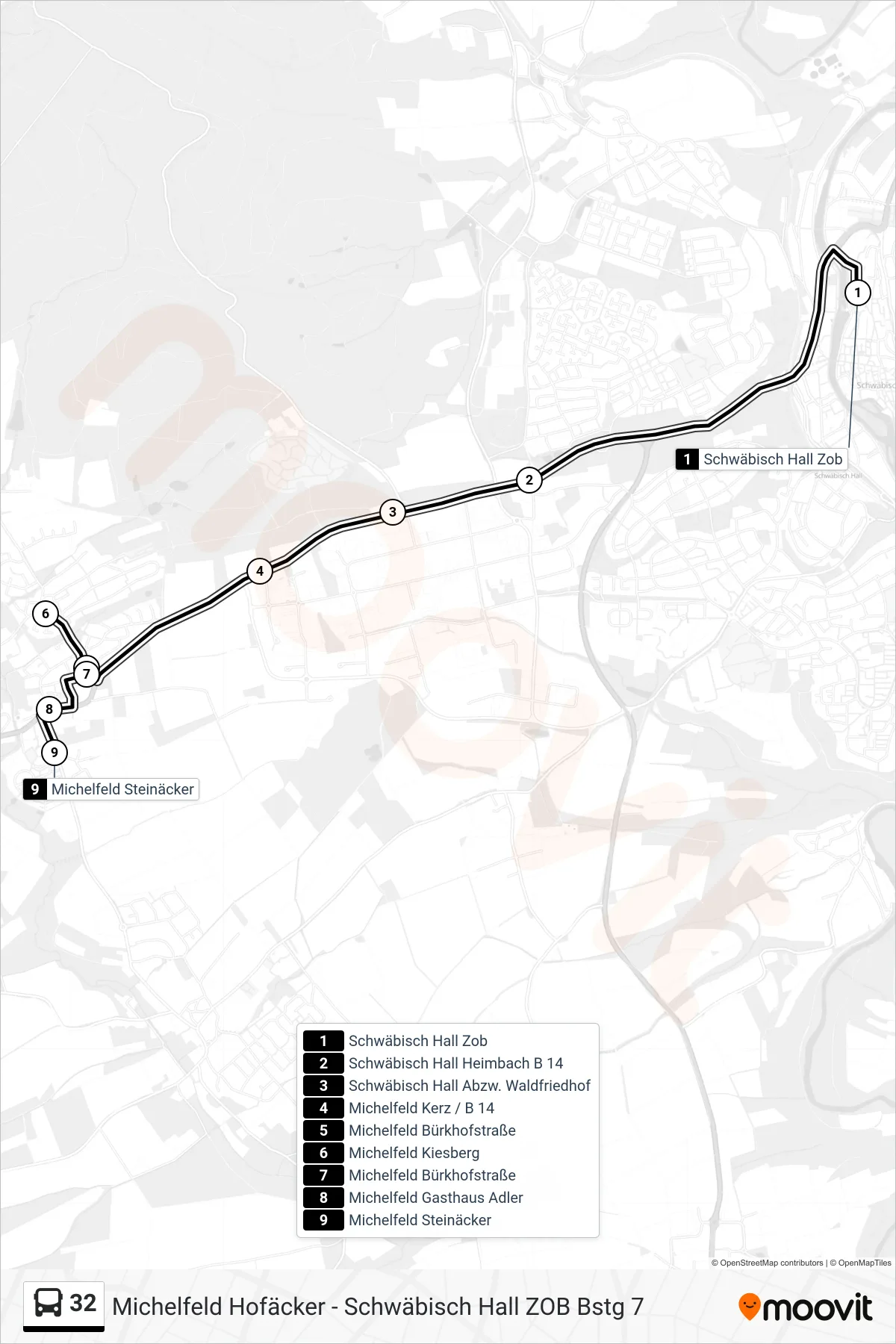 32 bus Line (Michelfeld Steinäcker) route and stops on a map