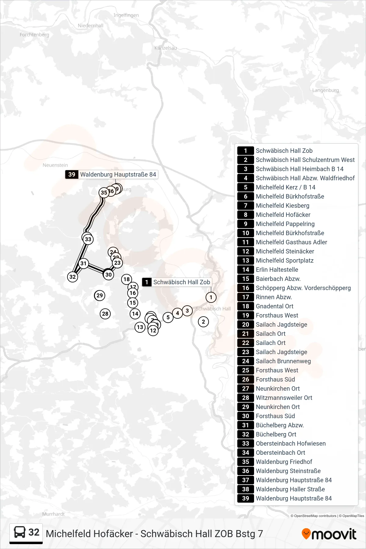 32 bus Line (Waldenburg Hauptstraße 84) route and stops on a map