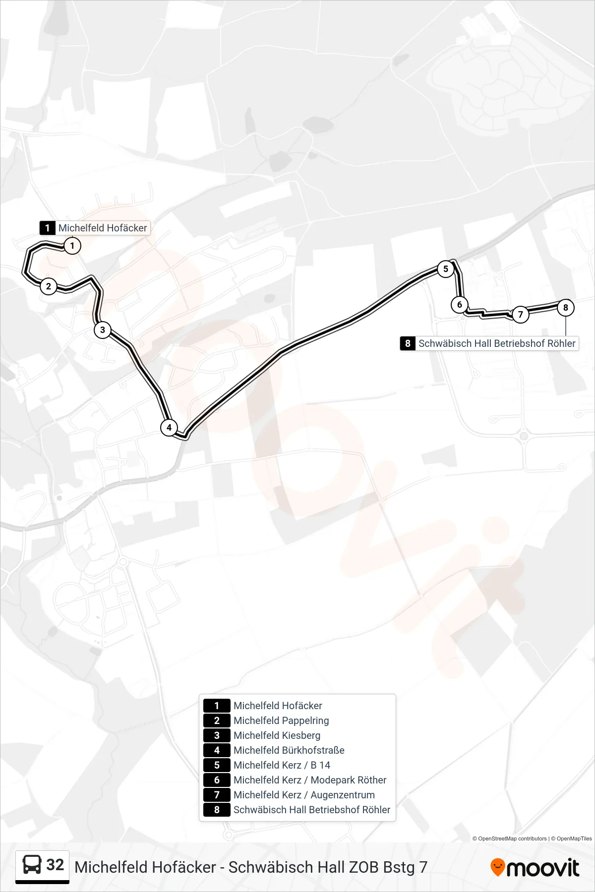 32 bus Line (Schwäbisch Hall Betriebshof Röhler) route and stops on a map