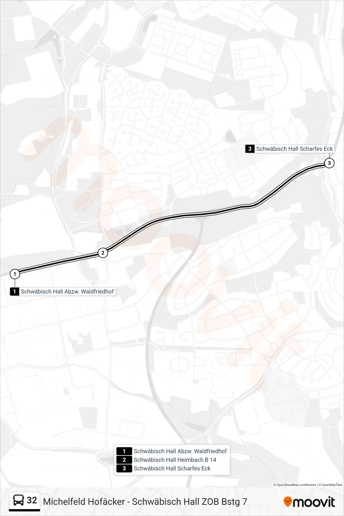 32 bus Line (Schwäbisch Hall Scharfes Eck) route and stops on a map