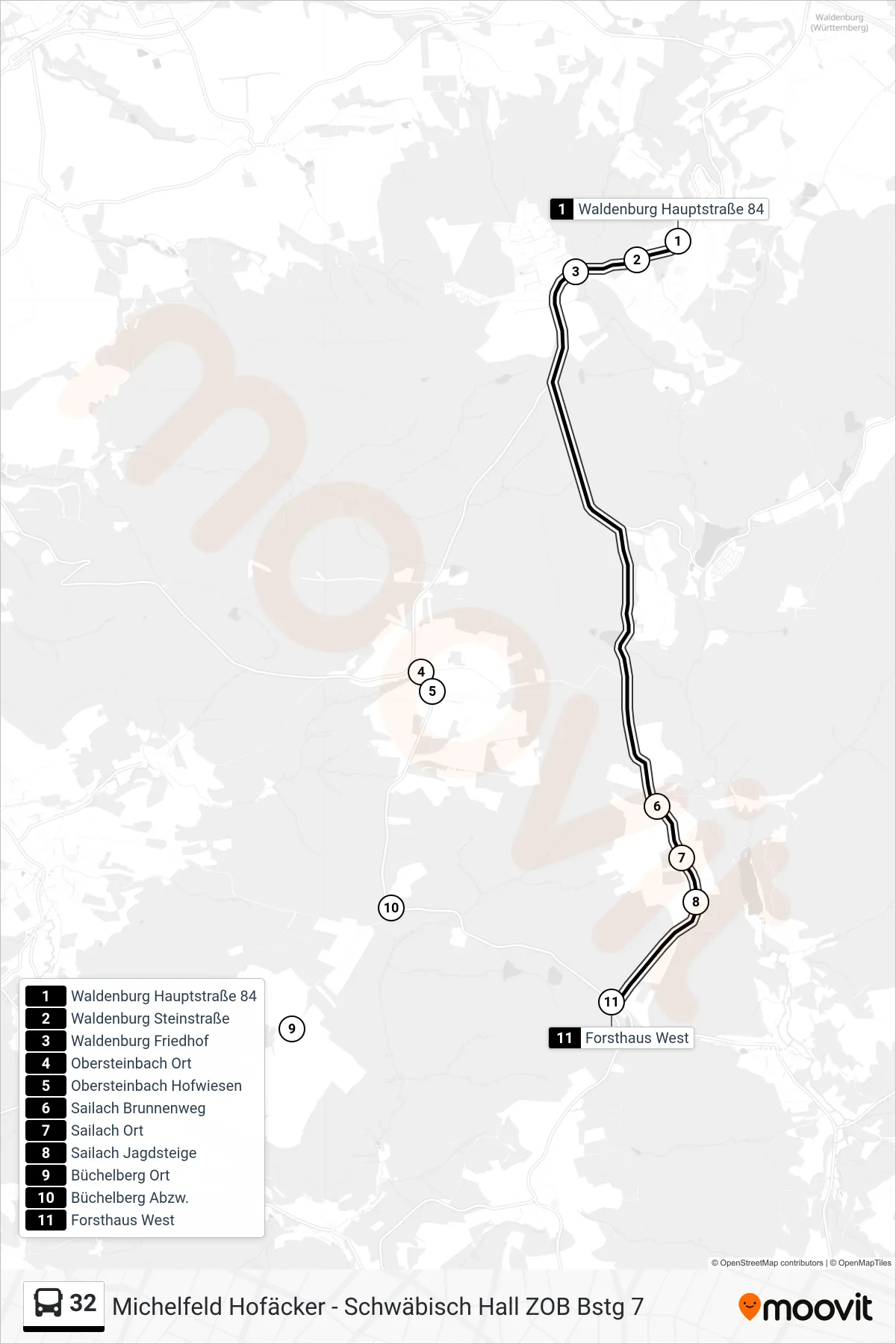 32 bus Line (Forsthaus West) route and stops on a map