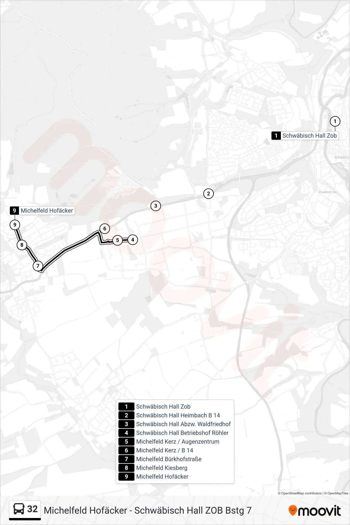 Linie 32 (Bus) Richtung Michelfeld Hofäcker: Route und Haltestellen auf der Karte