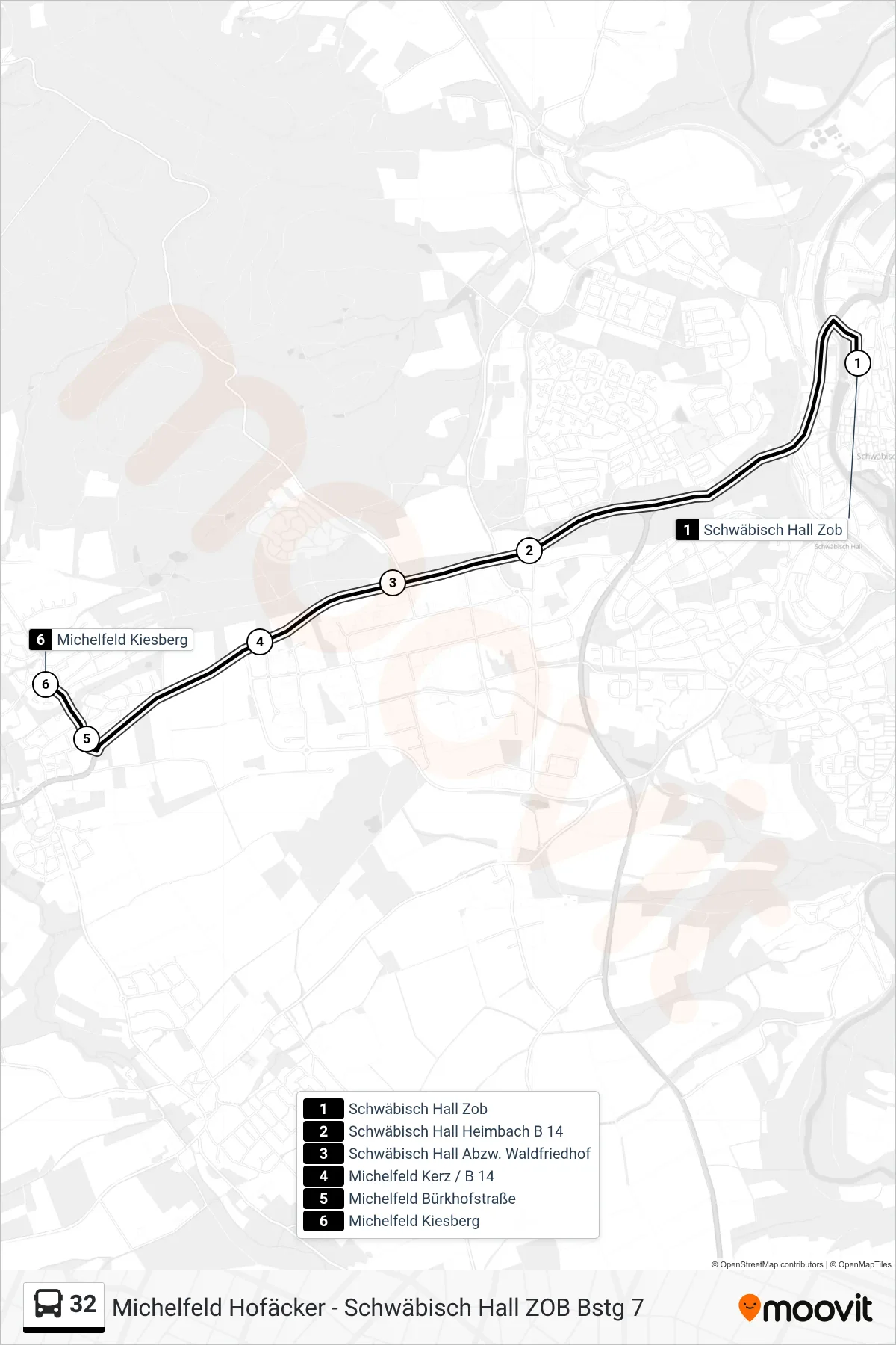 32 bus Line (Michelfeld Kiesberg) route and stops on a map