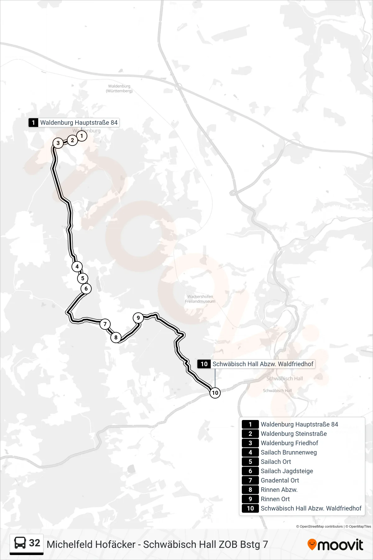 32 bus Line (Schwäbisch Hall Abzw. Waldfriedhof) route and stops on a map