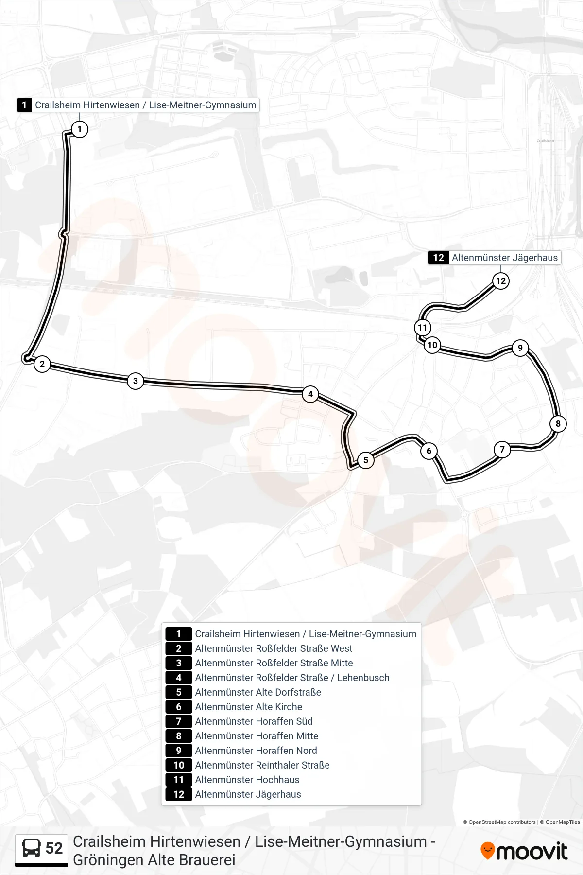 52 bus Line (Altenmünster Jägerhaus) route and stops on a map