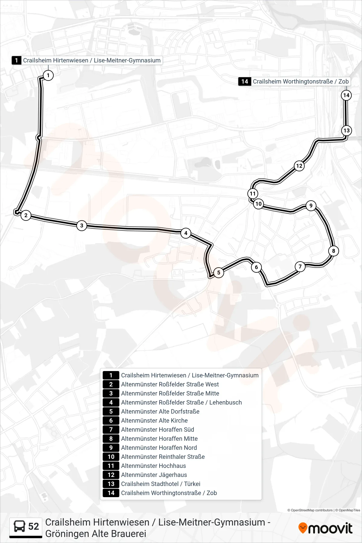 52 bus Line (Crailsheim Worthingtonstraße / Zob) route and stops on a map