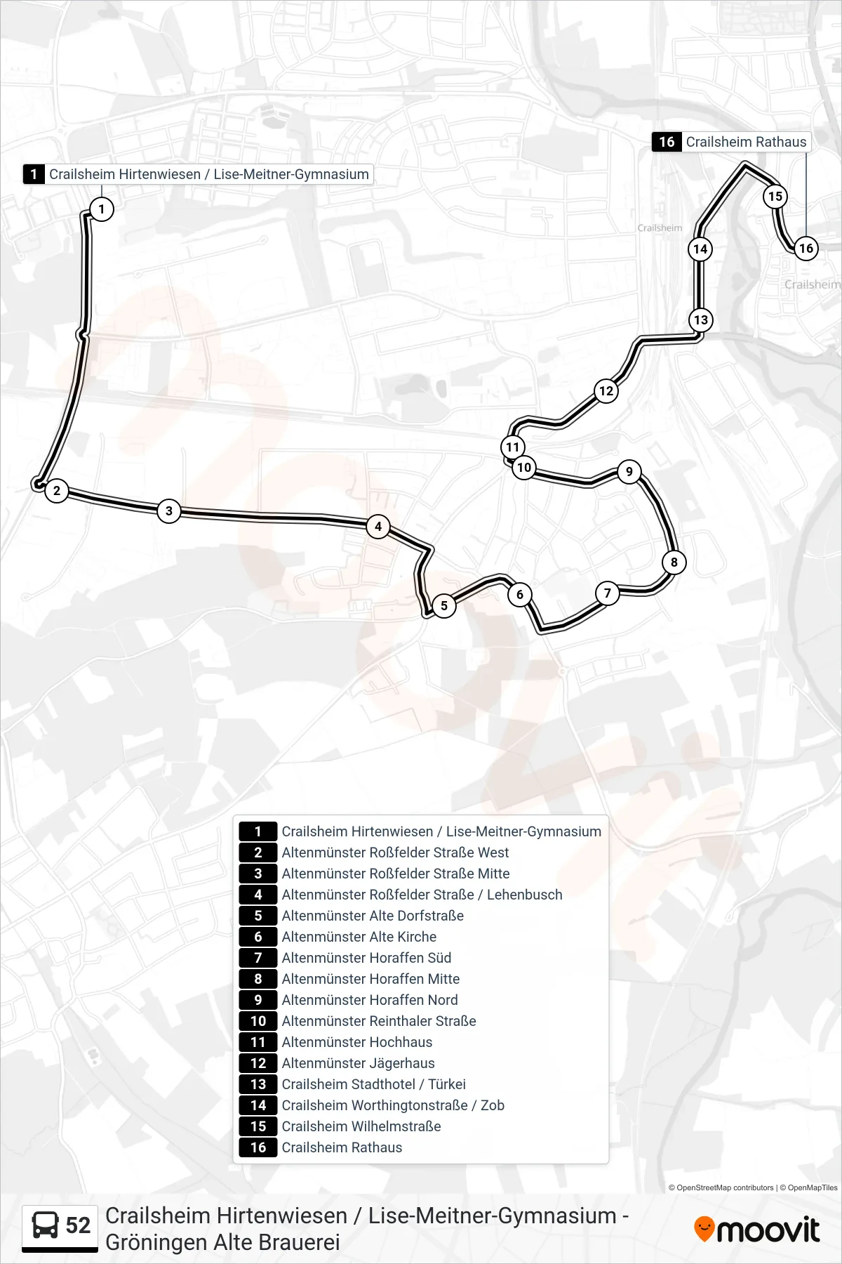 52 bus Line (Crailsheim Rathaus) route and stops on a map