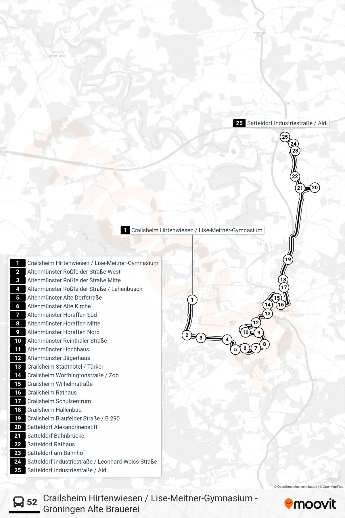 52 bus Line (Satteldorf Industriestraße / Aldi) route and stops on a map