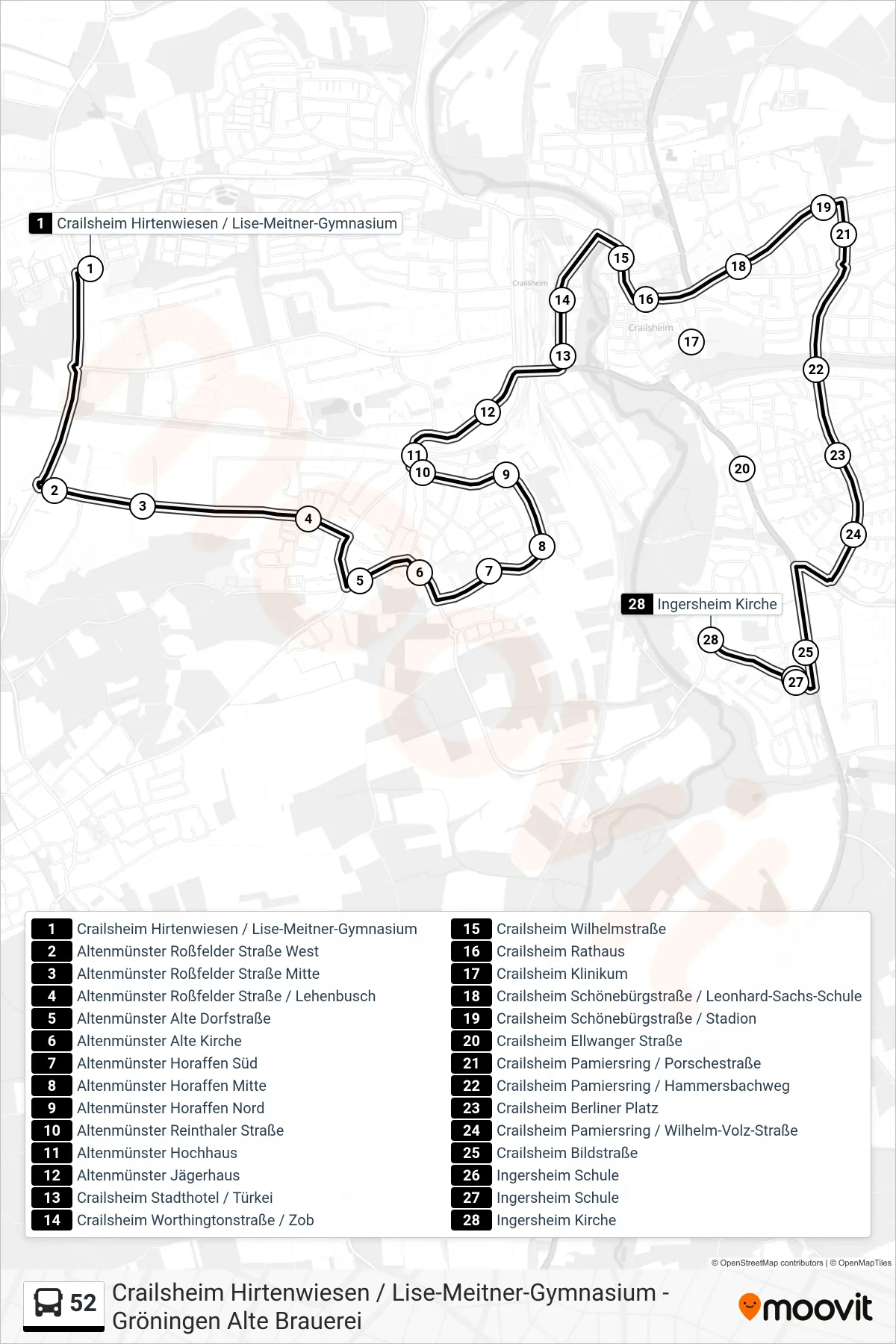 52 bus Line (Ingersheim Kirche) route and stops on a map