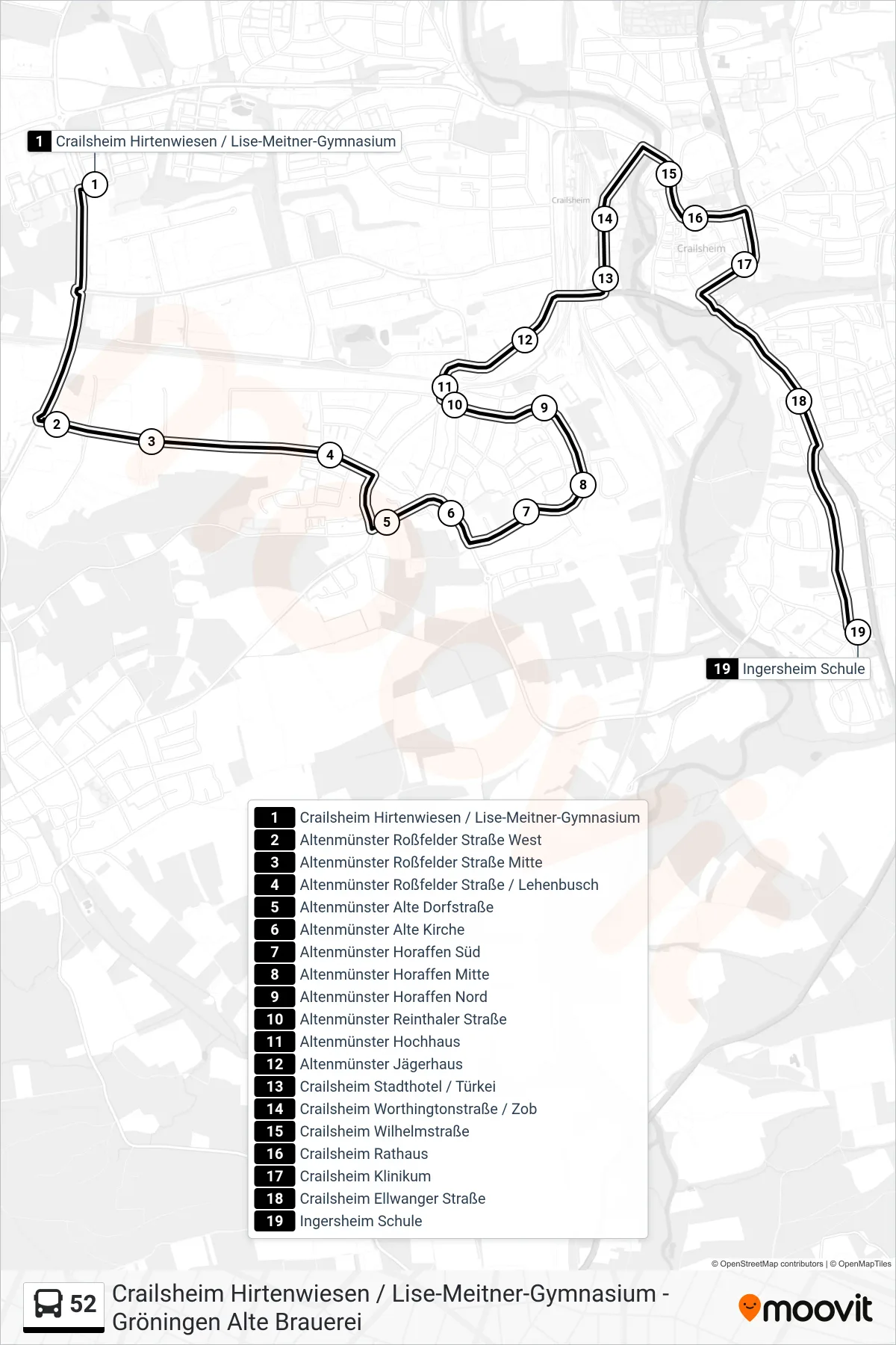 52 bus Line (Ingersheim Schule) route and stops on a map