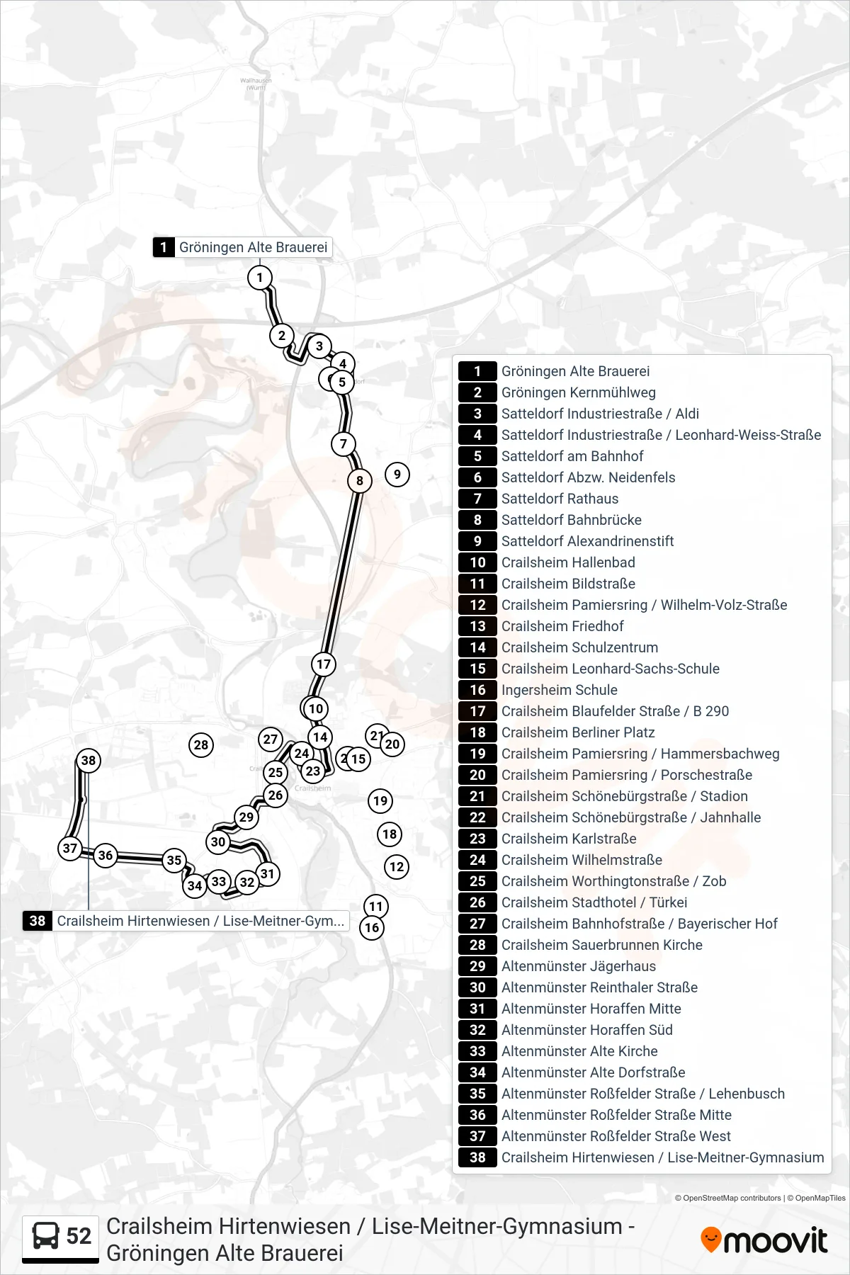 Linie 52 (Bus) Richtung Crailsheim Hirtenwiesen / Lise-Meitner-Gymnasium: Route und Haltestellen auf der Karte