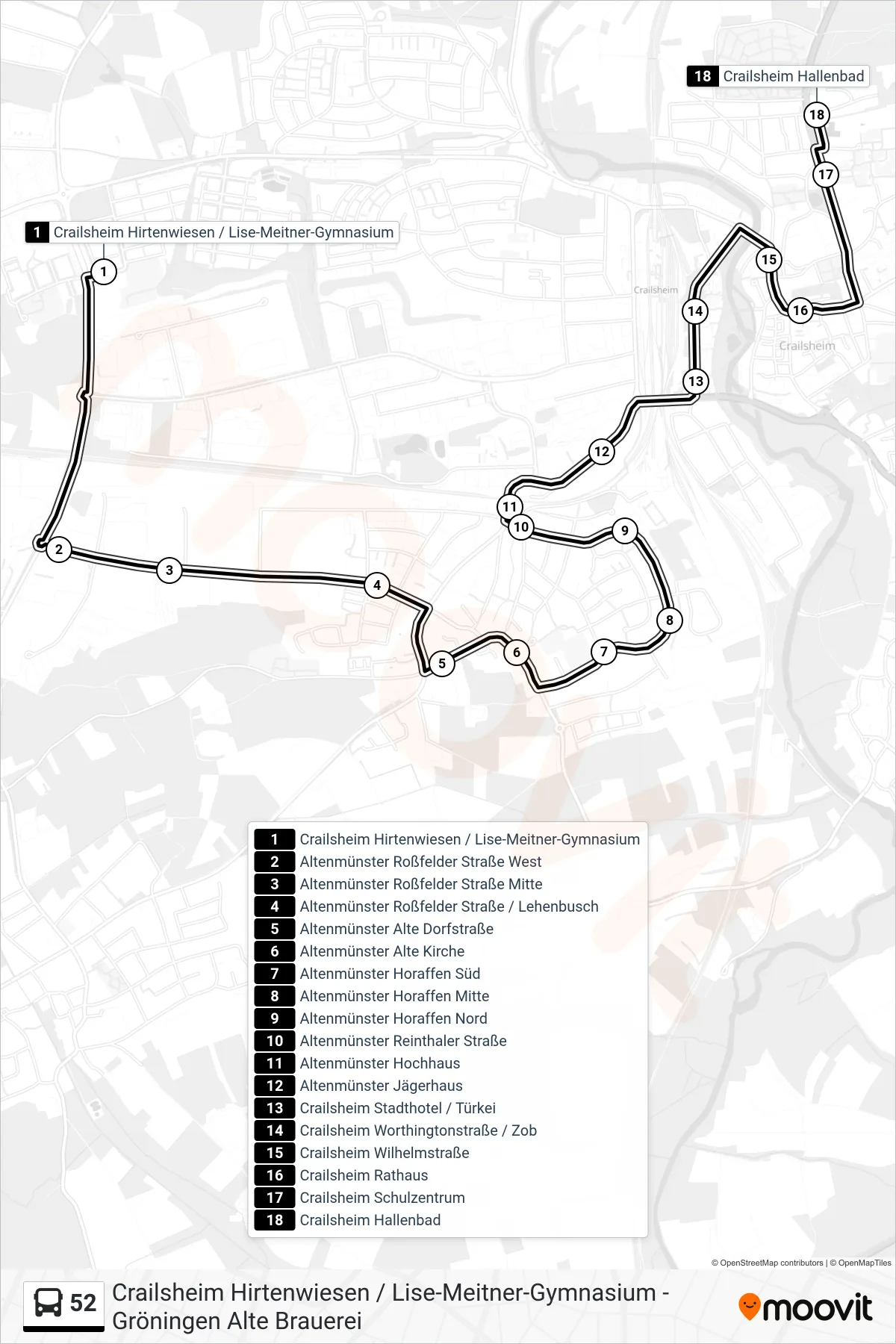 52 bus Line (Crailsheim Hallenbad) route and stops on a map