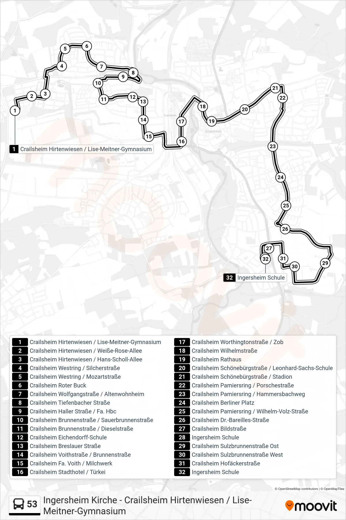 53 bus Line (Ingersheim Schule) route and stops on a map