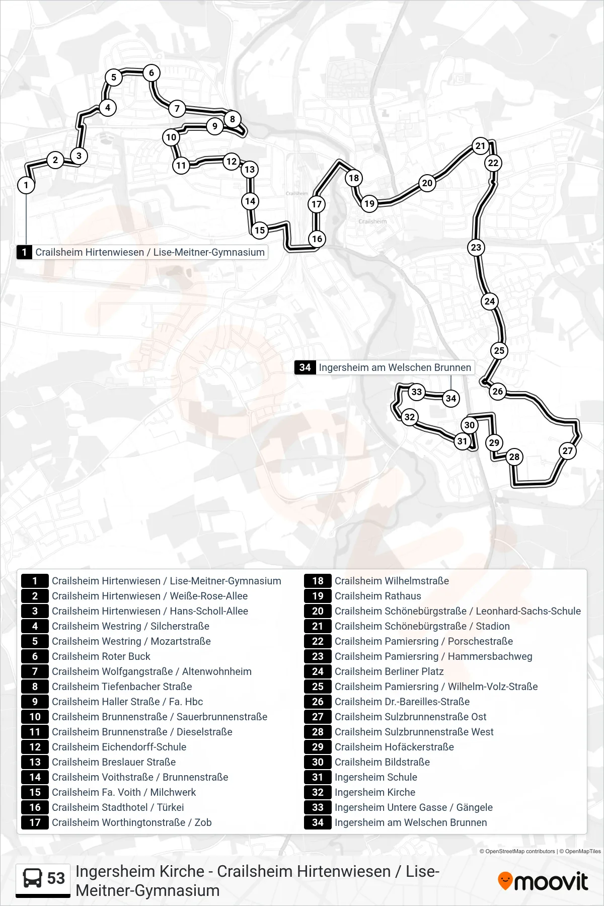 53 bus Line (Ingersheim am Welschen Brunnen) route and stops on a map