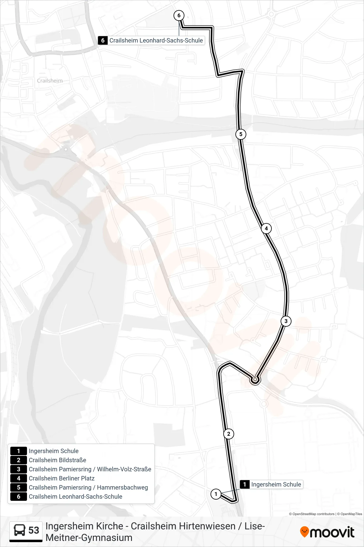 53 bus Line (Crailsheim Leonhard-Sachs-Schule) route and stops on a map
