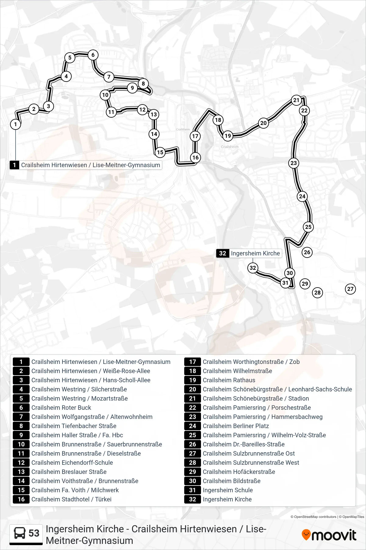 53 bus Line (Ingersheim Kirche) route and stops on a map