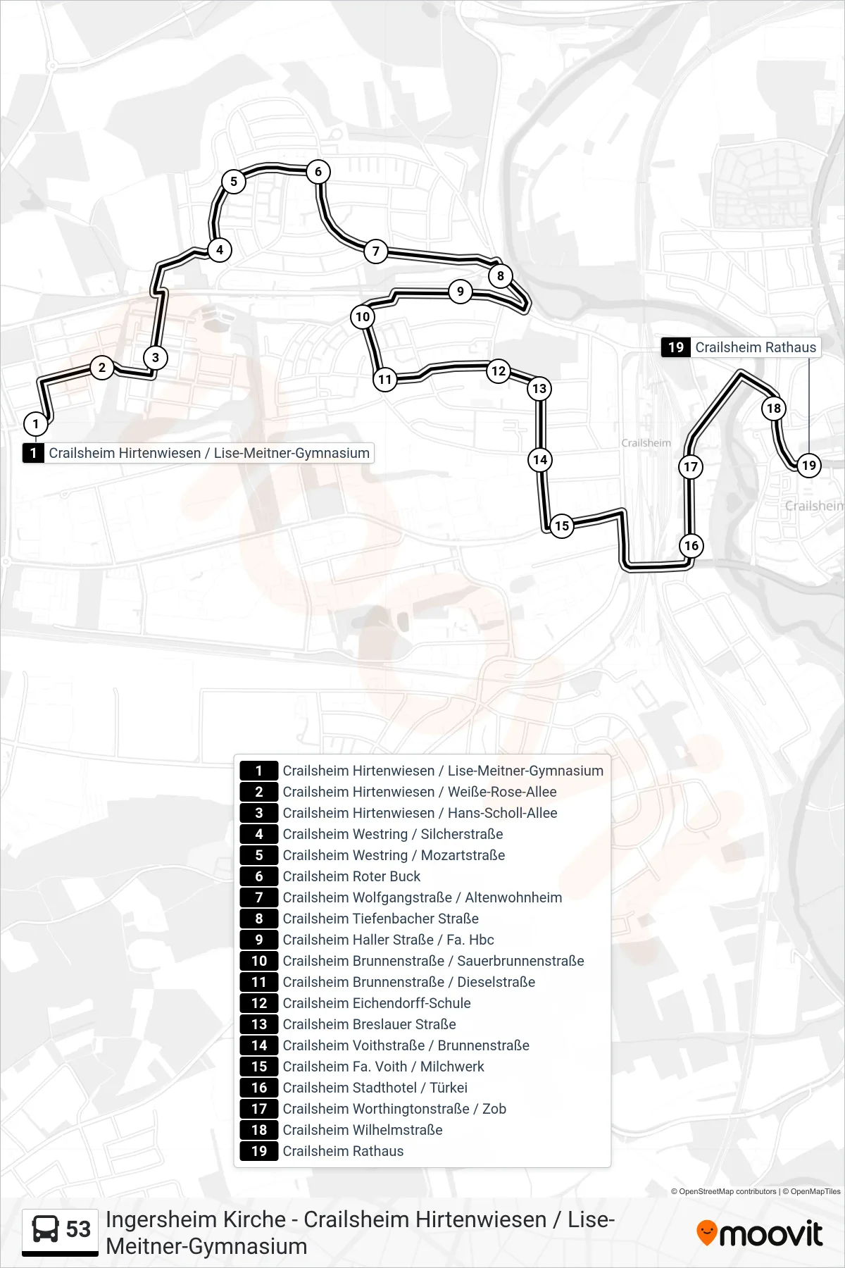 53 bus Line (Crailsheim Rathaus) route and stops on a map