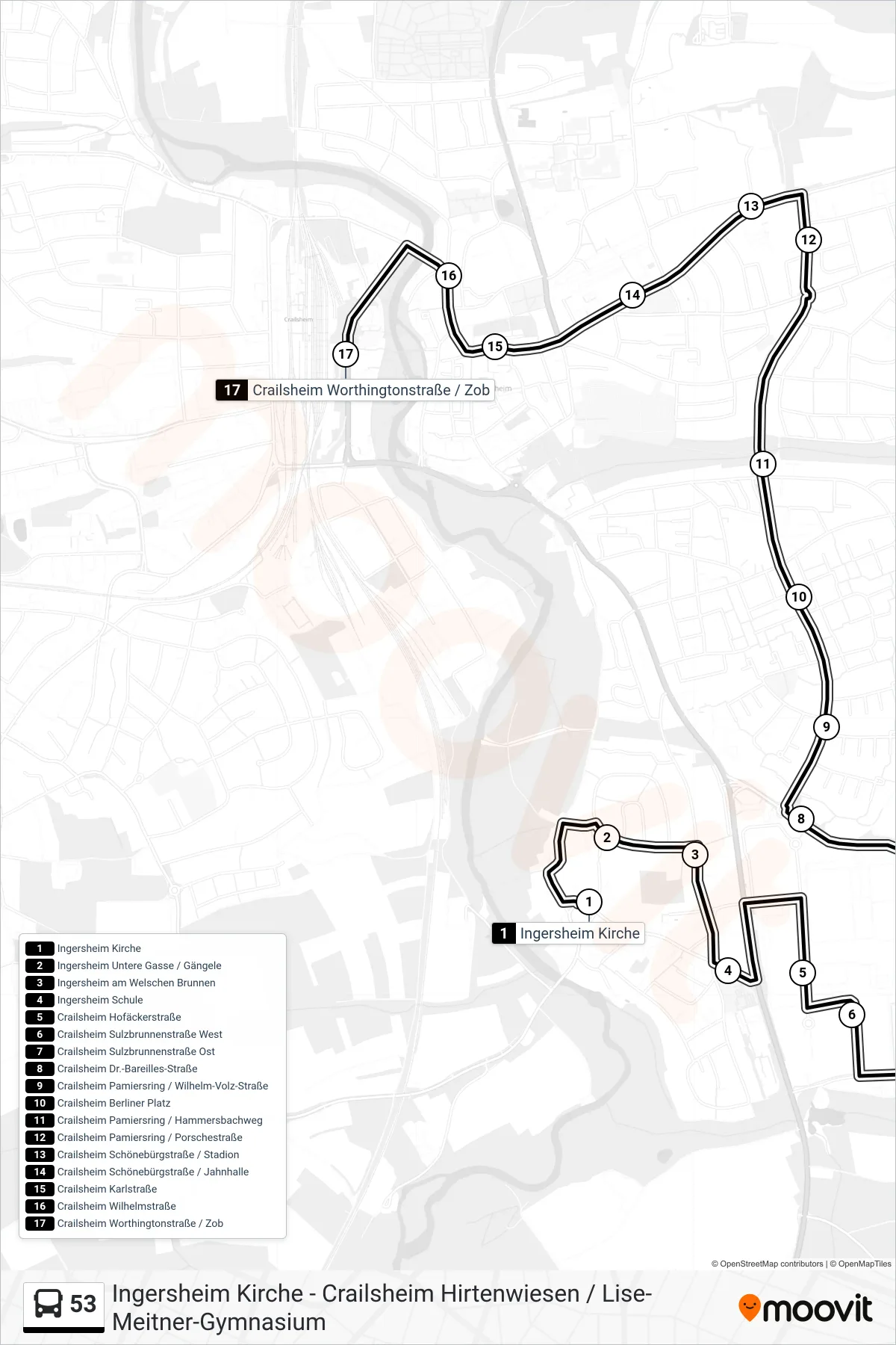 53 bus Line (Crailsheim Worthingtonstraße / Zob) route and stops on a map