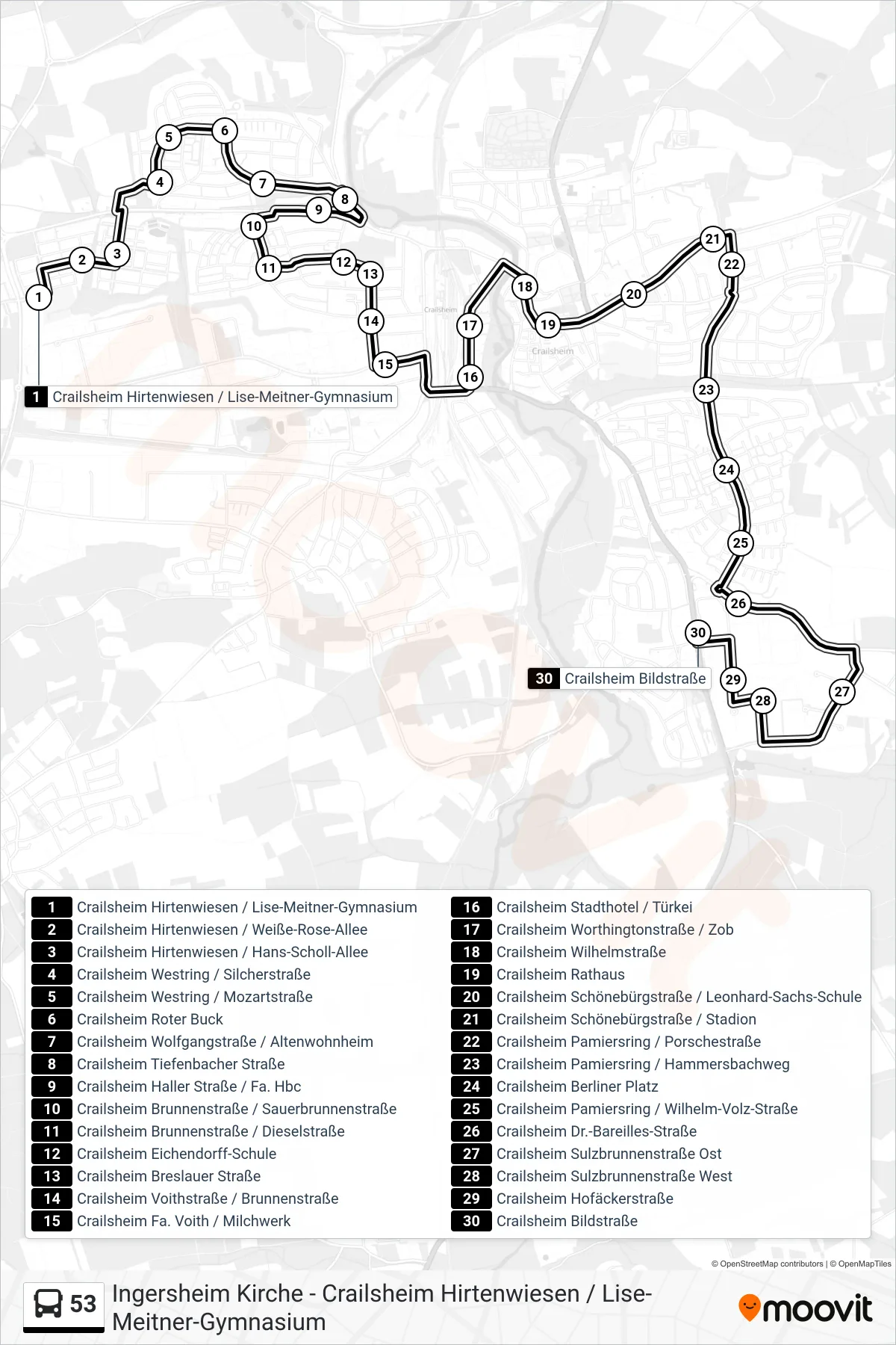 53 bus Line (Crailsheim Bildstraße) route and stops on a map