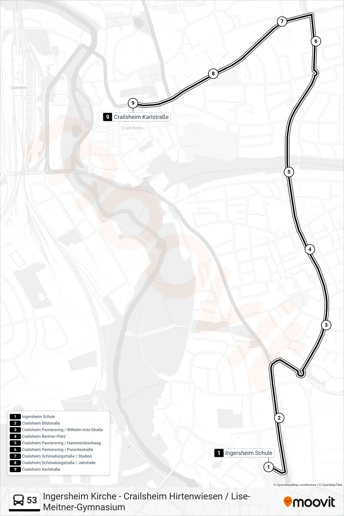 53 bus Line (Crailsheim Karlstraße) route and stops on a map