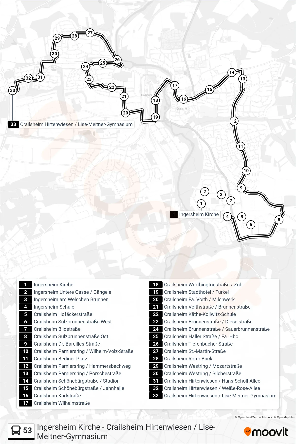 53 bus Line (Crailsheim Hirtenwiesen / Lise-Meitner-Gymnasium) route and stops on a map