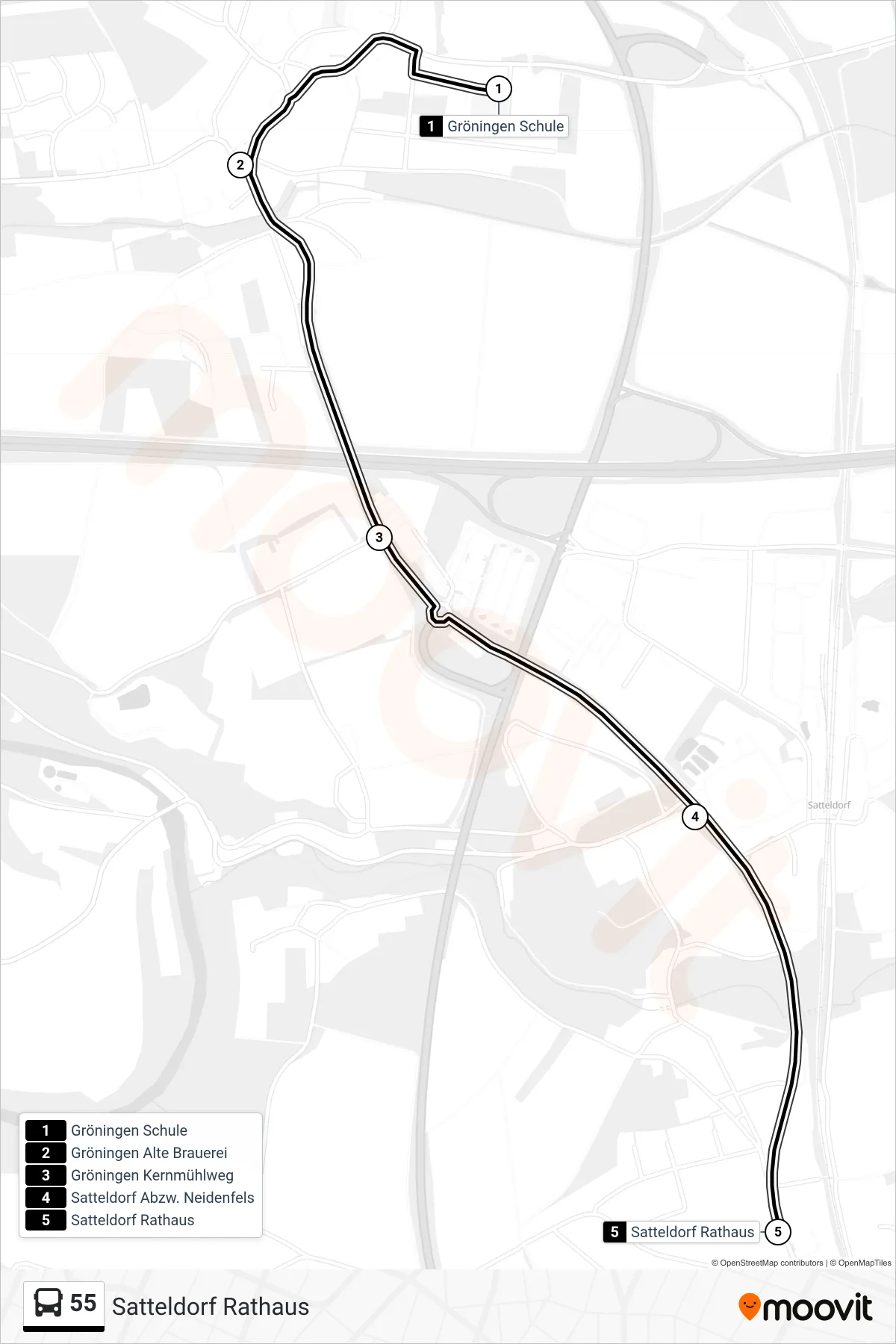 55 bus Line (Satteldorf Rathaus) route and stops on a map