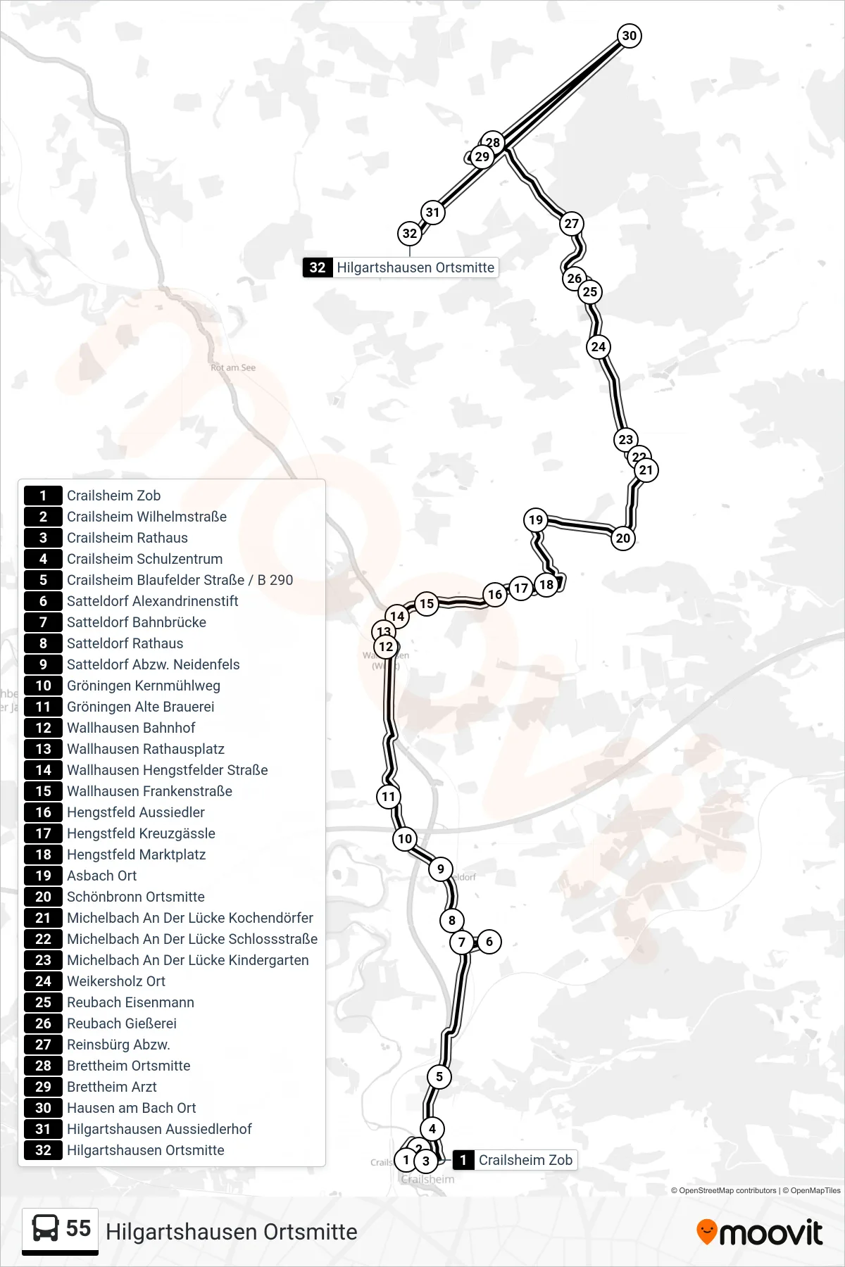 55 bus Line (Hilgartshausen Ortsmitte) route and stops on a map