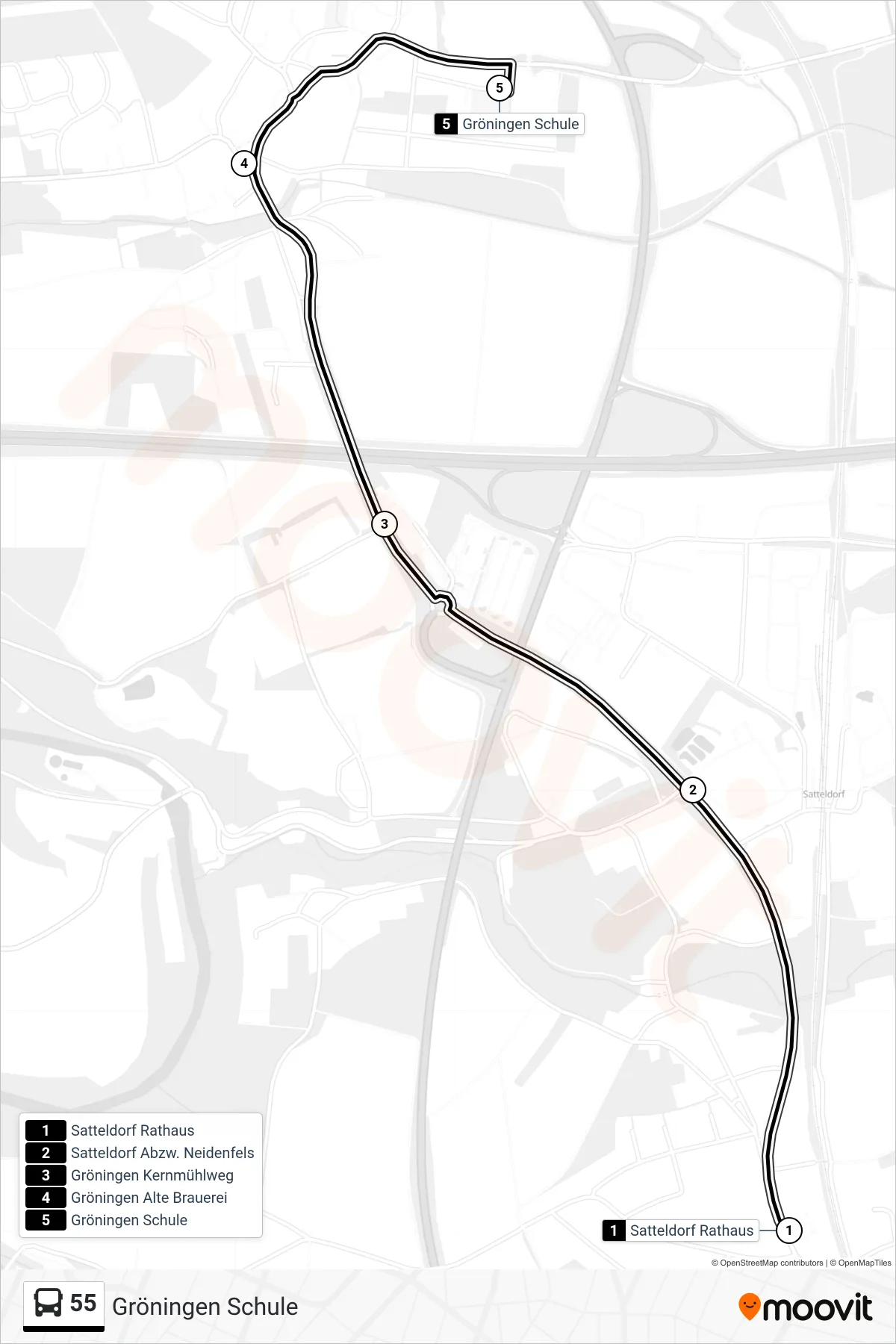 55 bus Line (Gröningen Schule) route and stops on a map