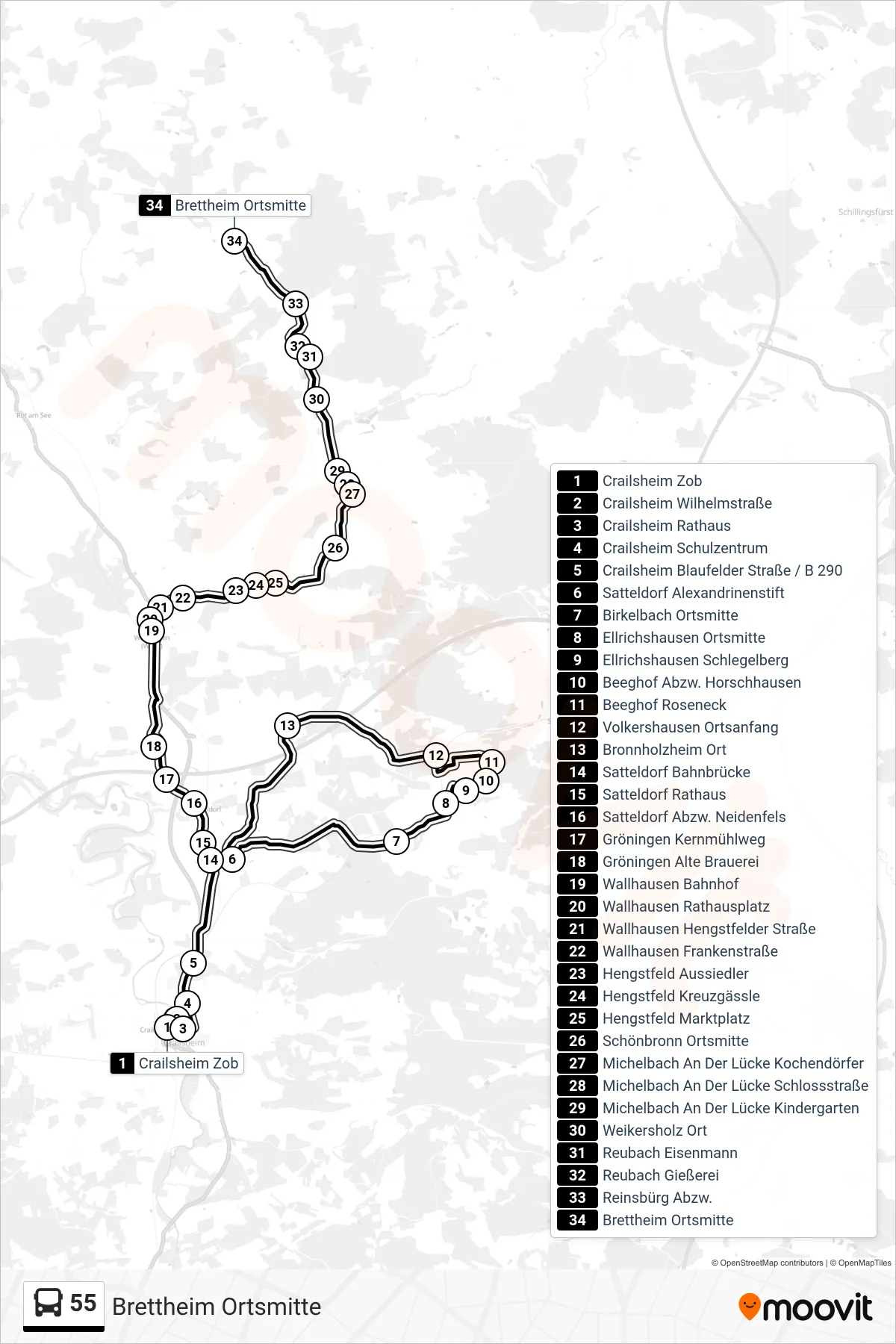 55 bus Line (Brettheim Ortsmitte) route and stops on a map