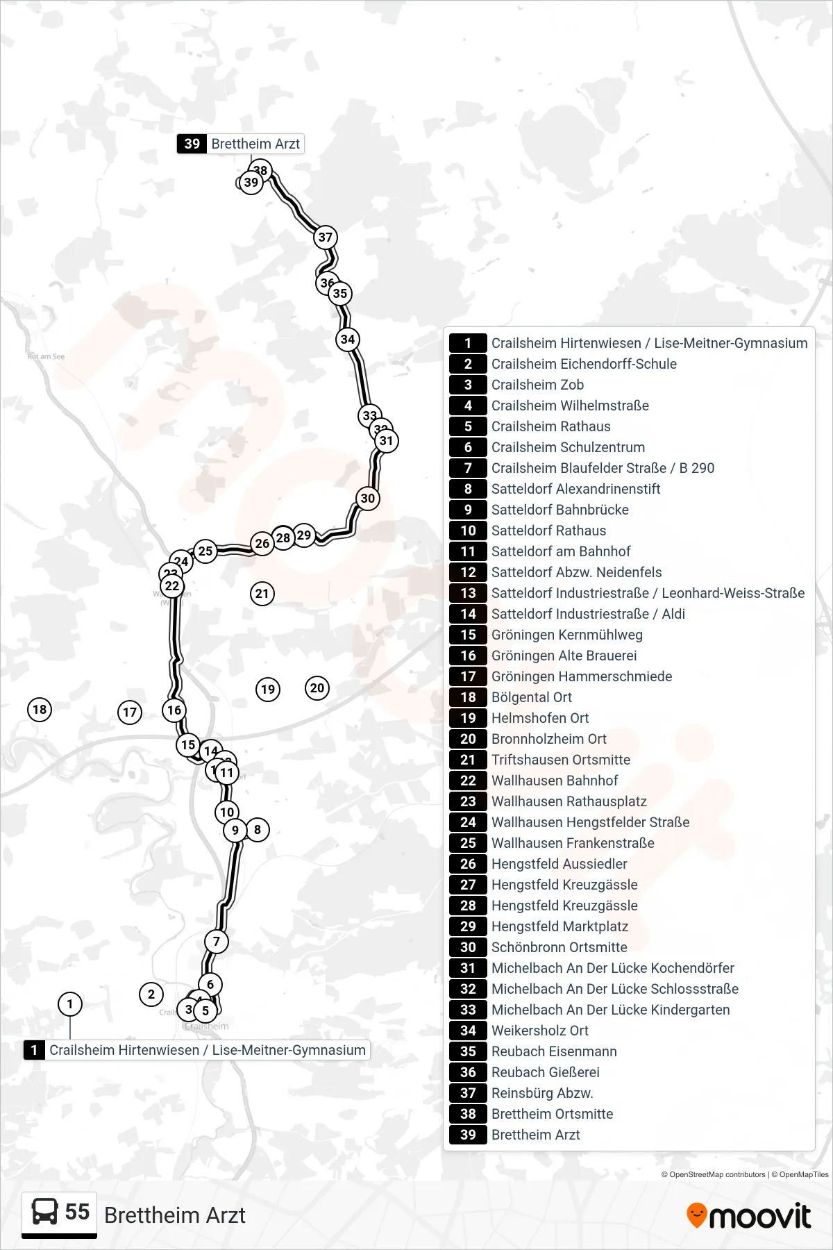 55 bus Line (Brettheim Arzt) route and stops on a map