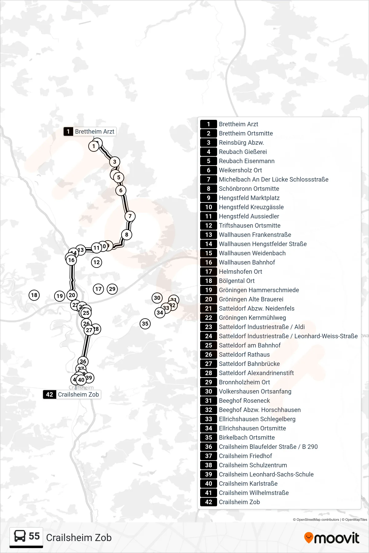 55 bus Line (Crailsheim Zob) route and stops on a map
